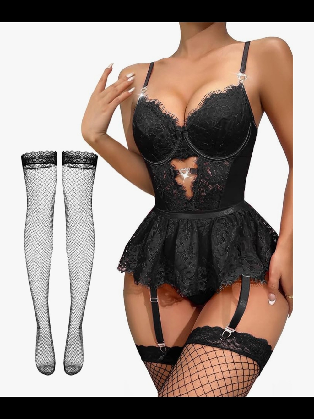Black Lace Bustier Corset Set with Fishnet Thigh Highs